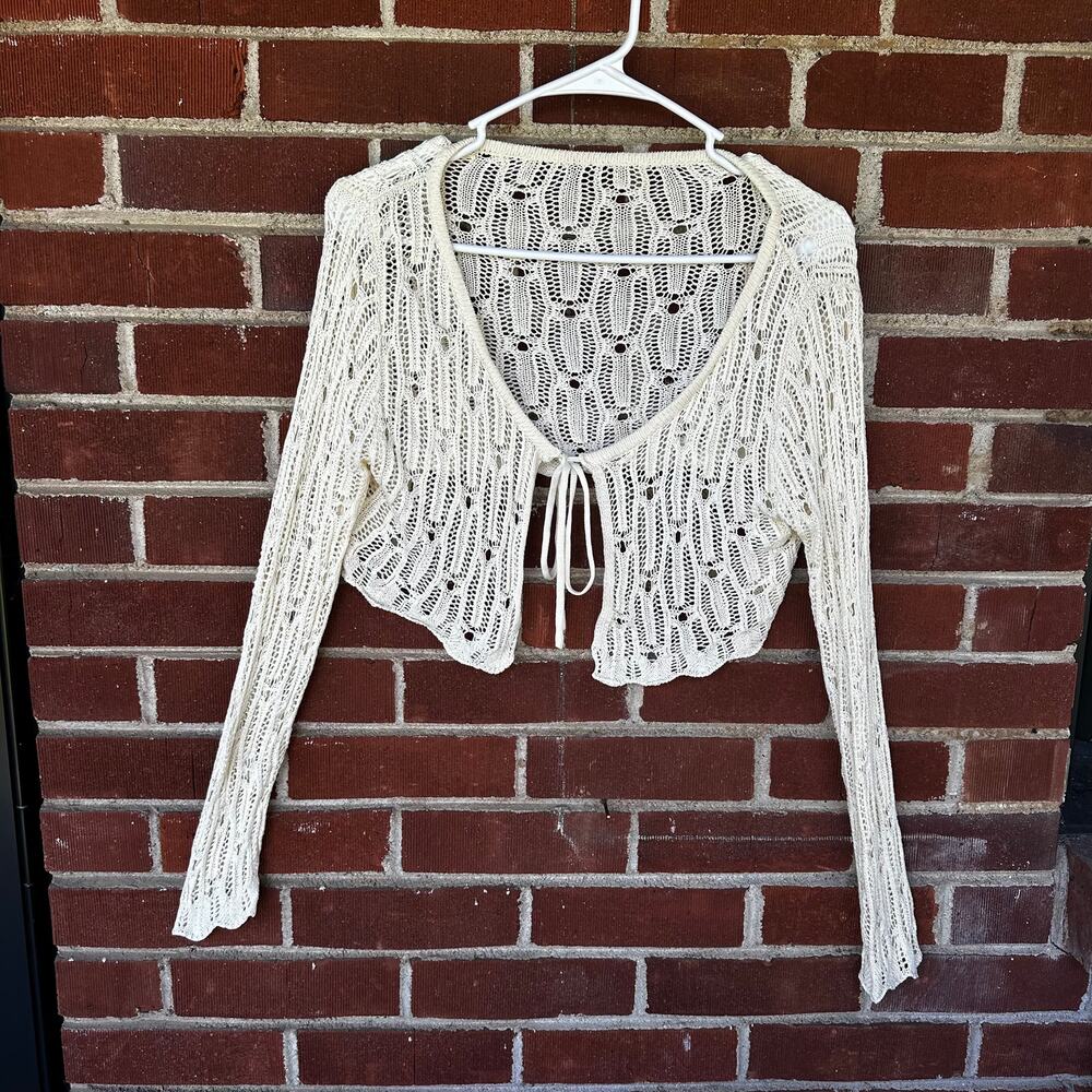 Y2K Ivory Crochet Open Knit Tie Front Bolero Shrug Cardigan